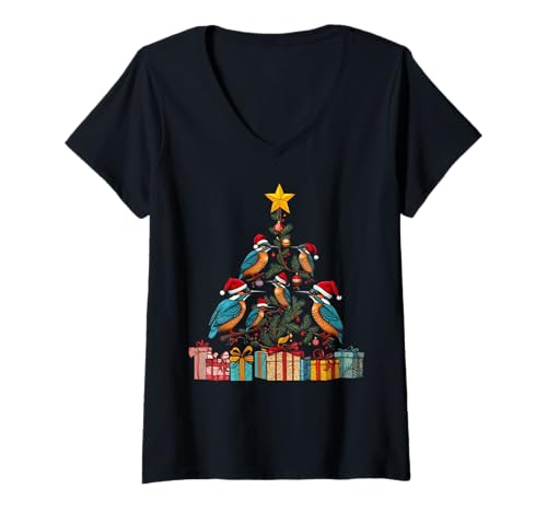 Damen Eisvogel Weihnachtsbaum T-Shirt mit V-Ausschnitt Damen Eisvogel Weihnachtsbaum T-Shirt mit V-Ausschnitt von ChristmasBirds
