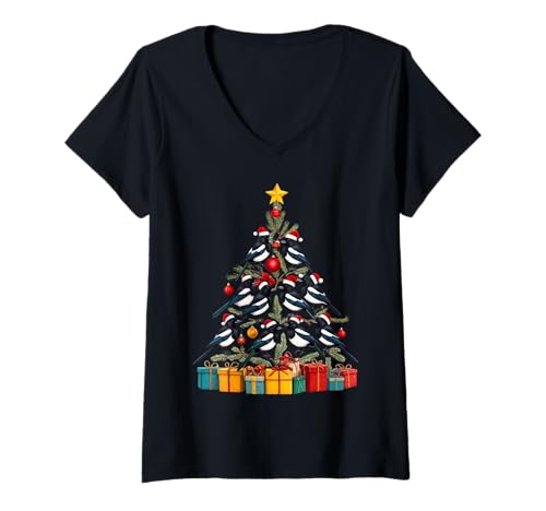 Damen Elster Vogel Weihnachtsbaum T-Shirt mit V-Ausschnitt von ChristmasBirds