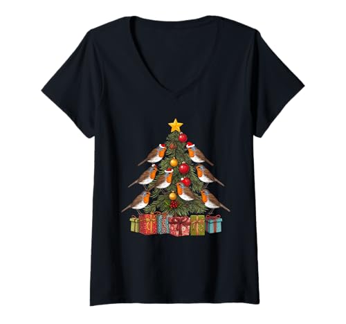 Damen Europäischer Rotkehlchen-Vogel-Weihnachtsbaum T-Shirt mit V-Ausschnitt Damen Europäischer Rotkehlchen-Vogel-Weihnachtsbaum T-Shirt mit V-Ausschnitt von ChristmasBirds