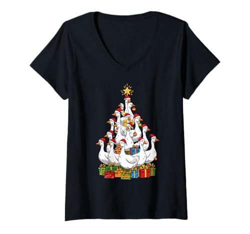 Damen Gans Weihnachtsbaum T-Shirt mit V-Ausschnitt Damen Gans Weihnachtsbaum T-Shirt mit V-Ausschnitt von ChristmasBirds