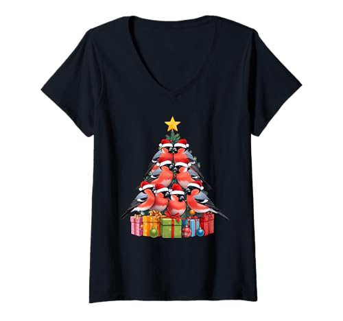 Damen Gimpel Vogel Weihnachtsbaum T-Shirt mit V-Ausschnitt Damen Gimpel Vogel Weihnachtsbaum T-Shirt mit V-Ausschnitt von ChristmasBirds