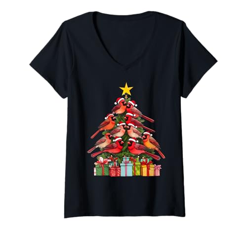 Damen Kardinal Santa Vogel Weihnachtsbaum T-Shirt mit V-Ausschnitt Damen Kardinal Santa Vogel Weihnachtsbaum T-Shirt mit V-Ausschnitt von ChristmasBirds