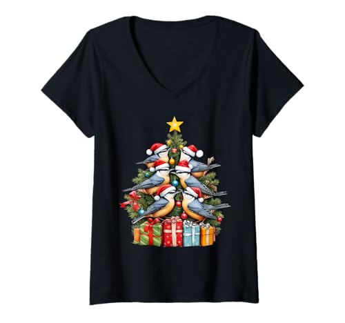 Damen Kleiber Vogel Weihnachtsbaum T-Shirt mit V-Ausschnitt Damen Kleiber Vogel Weihnachtsbaum T-Shirt mit V-Ausschnitt von ChristmasBirds