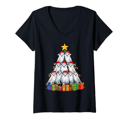 Damen Schnee-Eule Weihnachtsbaum T-Shirt mit V-Ausschnitt Damen Schnee-Eule Weihnachtsbaum T-Shirt mit V-Ausschnitt von ChristmasBirds