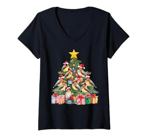 Damen Waxwing Bird Weihnachtsbaum T-Shirt mit V-Ausschnitt Damen Waxwing Bird Weihnachtsbaum T-Shirt mit V-Ausschnitt von ChristmasBirds