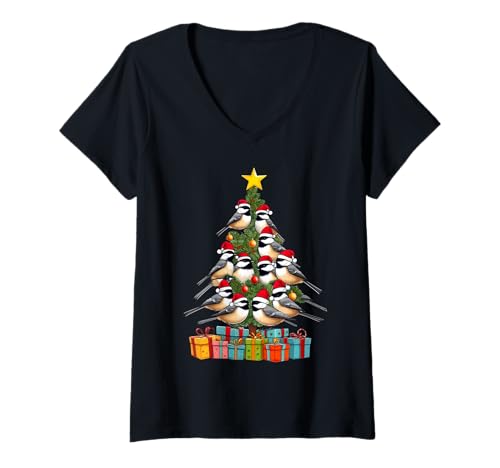 Damen Weihnachtsbaum mit schwarzer Kappe, Hühnervögel T-Shirt mit V-Ausschnitt von ChristmasBirds
