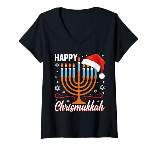 Damen Lustige Christmukkah Hannukah Weihnachten Menora Santa jüdisch T-Shirt mit V-Ausschnitt von Christmukkah Chanukah Christmas Gifts
