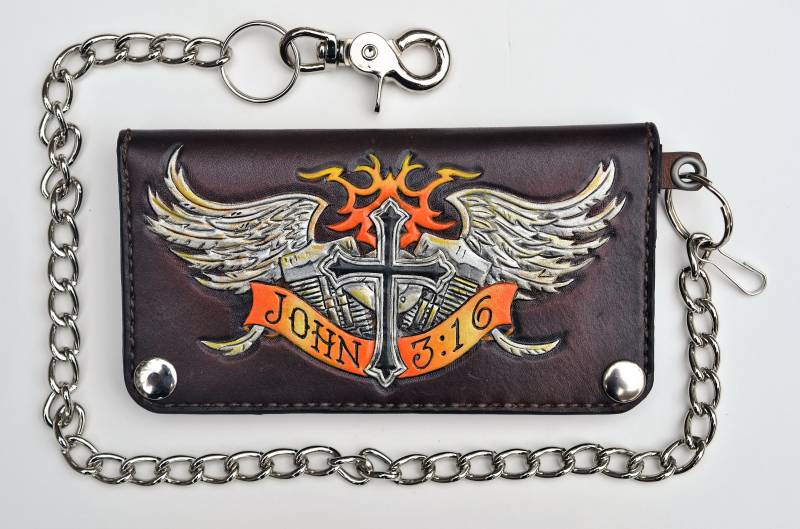 Donnernde Kreuz Punziert Biker Geldbörse/Christian Thema Leder Personalisierte in Den Usa Hergestellt von ChristophJoseph