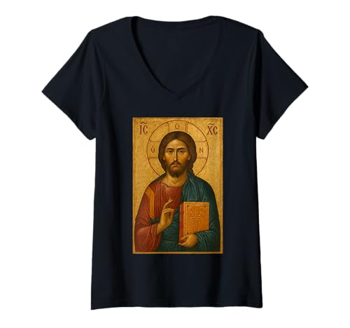 Damen Christus Pantocator Ikone - orthodoxer Christus der Lehrer T-Shirt mit V-Ausschnitt Damen Christus Pantocator Ikone - orthodoxer Christus der Lehrer T-Shirt mit V-Ausschnitt von Christus der Lehrer -Ikone