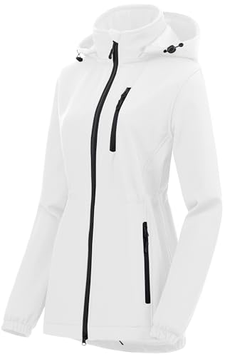 Chrisuno Damen Leichte Lange Softshelljacke Fleece Gefüttert Jacke Anorak Regenmantel Mit Abnehmbarer Kapuze, Weiss/opulenter Garten, X-Large von Chrisuno