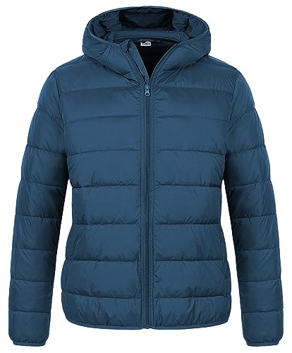 Chrisuno Damen Plus Size Leichte Puffer Jacke Packbar Winter Warm Gesteppt Bubble Coat Wasserdicht Winddicht Mit Kapuze, Blau, 5X von Chrisuno