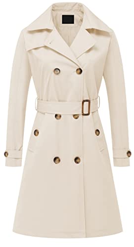 Chrisuno Damen Zweireihig Lang Trenchcoats Mittellang Gürtel Mantel Kleid Jacke mit Abnehmbarer Kapuze, Beige, S von Chrisuno