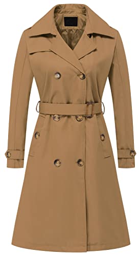 Chrisuno Damen Zweireihig Lang Trenchcoats Mittellang Gürtel Mantel Kleid Jacke mit Abnehmbarer Kapuze, CAMEL, XXL von Chrisuno