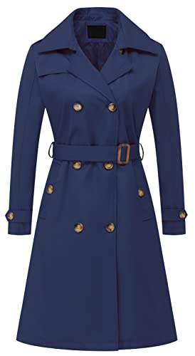 Chrisuno Damen Zweireihig Lang Trenchcoats Mittellang Gürtel Mantel Kleid Jacke mit Abnehmbarer Kapuze, Marineblau, XXL von Chrisuno
