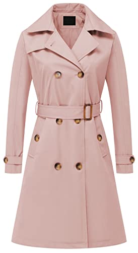 Chrisuno Damen Zweireihig Lang Trenchcoats Mittellang Gürtel Mantel Kleid Jacke mit Abnehmbarer Kapuze, Pink, XXL von Chrisuno