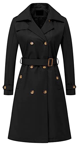 Chrisuno Damen Zweireihig Lang Trenchcoats Mittellang Gürtel Mantel Kleid Jacke mit Abnehmbarer Kapuze, Schwarz, M von Chrisuno