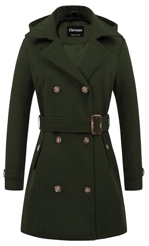 Chrisuno Damen Zweireihiger Erbsenmantel mit Kapuze lang Winter Trenchcoat, armee-grün, Small von Chrisuno