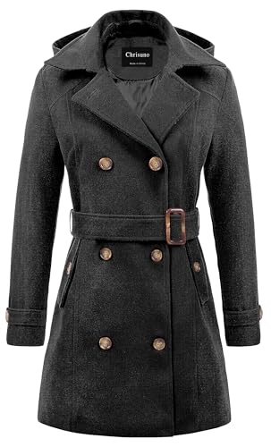 Chrisuno Damen Zweireihiger Erbsenmantel mit Kapuze lang Winter Trenchcoat, grau, Large Chrisuno Damen Zweireihiger Erbsenmantel mit Kapuze lang Winter Trenchcoat, grau, Large von Chrisuno