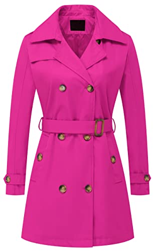 Chrisuno Damen Zweireihiger Trenchcoat Mittellang Gürtel Mantel Lang Kleid Jacke mit Abnehmbarer Kapuze, Rosenrot, X-Large von Chrisuno