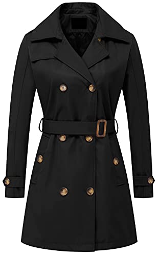 Chrisuno Damen Zweireihiger Trenchcoat Mittellang Gürtel Mantel Lang Kleid Jacke mit Abnehmbarer Kapuze, Schwarz, 3XL von Chrisuno