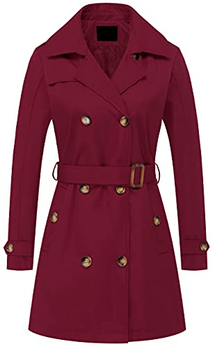 Chrisuno Damen Zweireihiger Trenchcoat Mittellang Gürtel Mantel Lang Kleid Jacke mit Abnehmbarer Kapuze, Weinrot, S von Chrisuno