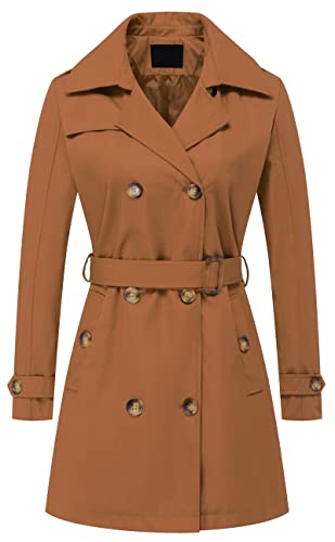 Chrisuno Zweireihiger Trenchcoat für Damen, mittellang, mit Gürtel, lange Jacke, mit abnehmbarer Kapuze, Braun, XXL von Chrisuno