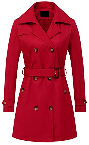 Chrisuno Zweireihiger Trenchcoat für Damen, mittellang, mit Gürtel, lange Jacke, mit abnehmbarer Kapuze, Rot/Ausflug, einfarbig (Getaway Solids), L von Chrisuno