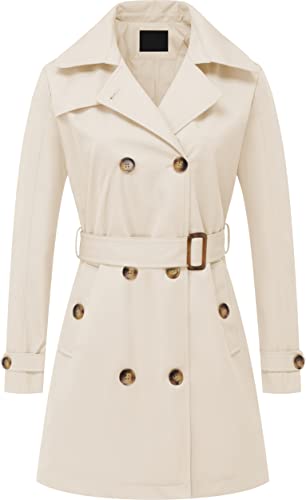 Chrisuno Zweireihiger Trenchcoat für Damen, mittellang, mit Gürtel, lange Jacke, mit abnehmbarer Kapuze, Weiss/opulenter Garten, L von Chrisuno