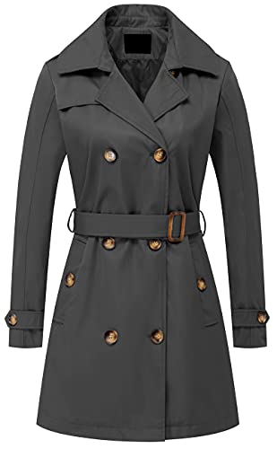 Damen Zweireiher Trenchcoats Mittellang Gürtel Overcoat Lange Kleid Jacke Mit Abnehmbarer Kapuze, grau, Medium von Chrisuno