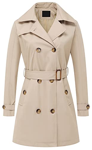 Damen Zweireiher Trenchcoats Mittellang Gürtel Overcoat Lange Kleid Jacke Mit Abnehmbarer Kapuze, khaki, Large von Chrisuno