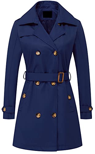 Damen Zweireiher Trenchcoats Mittellang Gürtel Overcoat Lange Kleid Jacke Mit Abnehmbarer Kapuze, marineblau, Small von Chrisuno