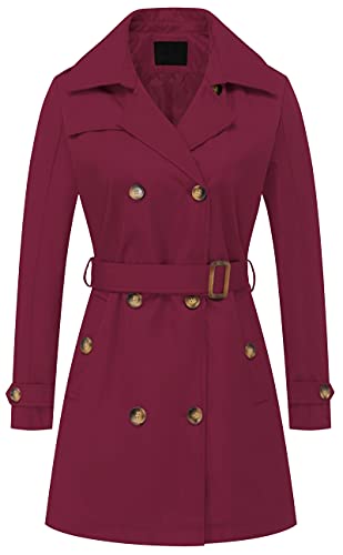 Damen Zweireiher Trenchcoats Mittellang Gürtel Overcoat Lange Kleid Jacke Mit Abnehmbarer Kapuze, weinrot, XX-Large von Chrisuno