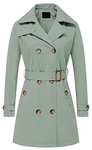 Damen Zweireihiger Trenchcoat Mittellang Gürtel Mantel Lang Kleid Jacke mit Abnehmbarer Kapuze, Grün , Medium von Chrisuno