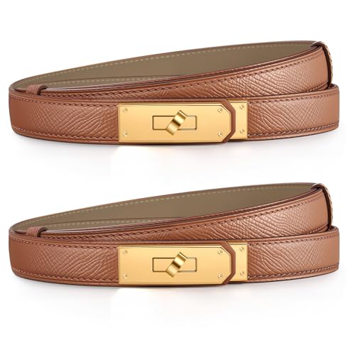 Chritice 2 Stück Schmaler Gürtel Damen Ledergürtel Damen Gürtel Braun, Solide Farbe Klassisch Legierung Twist Lock Taillengürtel Gold, Geschenke für Frauen, Breite 1.8CM, Länge 53-92CM von Chritice