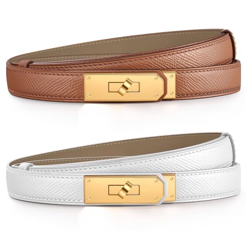 Chritice 2 Stück Schmaler Gürtel Damen Ledergürtel Damen Gürtel Braun und Weiß, Solide Farbe Klassisch Legierung Twist Lock Taillengürtel Gold, Geschenke für Frauen, Breite 1.8CM, Länge 53-92CM von Chritice