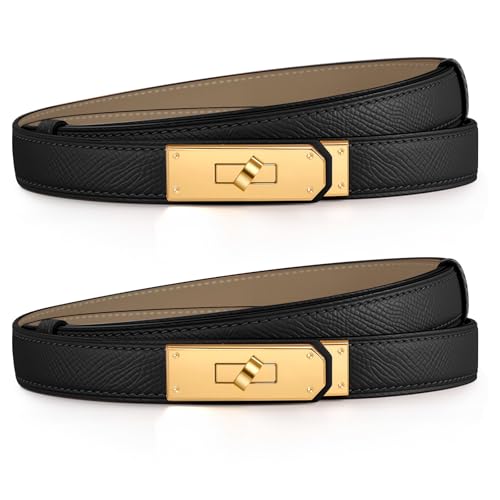 Chritice 2 Stück Schmaler Gürtel Damen Ledergürtel Damen Gürtel Schwarz, Solide Farbe Klassisch Legierung Twist Lock Taillengürtel Gold, Geschenke für Frauen, Breite 1.8CM, Länge 53-92CM von Chritice