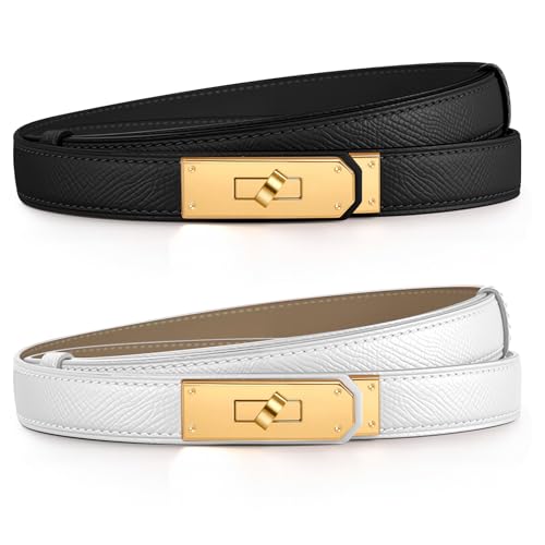 Chritice 2 Stück Schmaler Gürtel Damen Ledergürtel Damen Gürtel Schwarz und Weiß, Solide Farbe Klassisch Legierung Twist Lock Taillengürtel Gold, Geschenke für Frauen, Breite 1.8CM, Länge 53-92CM von Chritice