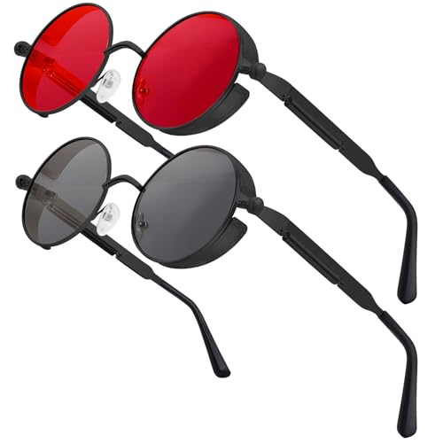 2 Stück Steampunk Brille Retro Sonnenbrille Herren Rund Retro Sonnenbrille Rund Vintage Sonnenbrillen Herren Polarisiert UV400 Schutz Sunglasses Men Sonnenbrillen Damen Runde Rot Und Grau Gläser von Chritice
