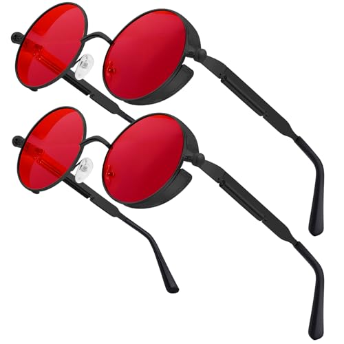 Chritice 2 Stück Steampunk Brille Retro Sonnenbrille Herren Rund Retro Sonnenbrille Rund Vintage Sonnenbrillen Herren Polarisiert UV400 Schutz Sunglasses Men Sonnenbrillen Damen Runde Rot Gläser von Chritice