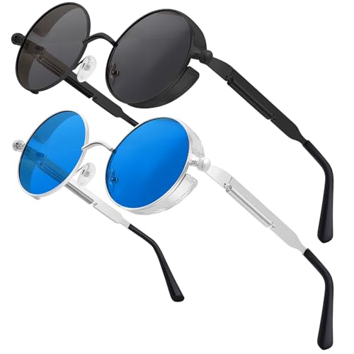 Chritice 2 Stück Steampunk Brille Retro Sonnenbrille Herren Rund Retro Sonnenbrille Rund Vintage Sonnenbrillen Herren Polarisiert UV400 Schutz Sunglasses Men Sonnenbrillen Damen Blaue Und Grau Gläser von Chritice