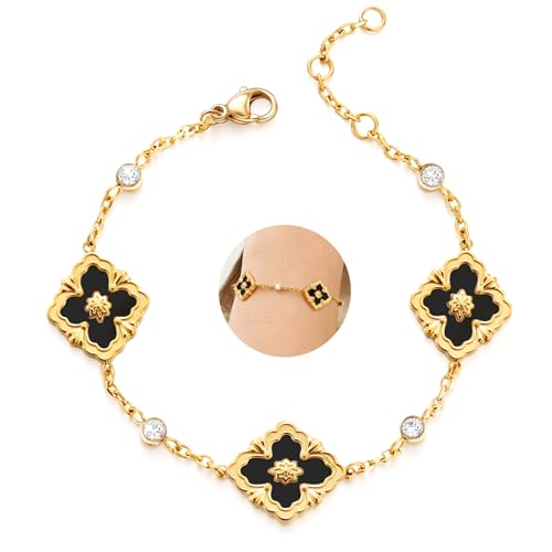 Chritice Armbänder Gold Kleeblatt Armband 18K Vergoldet Blumen Bracelet Women 925 Silber, Verstellbare Länge 15+2cm, Mit Zirkonia Und Schwarzes Kleeblatt Emaille Dekor, Geschenke für Frauen von Chritice