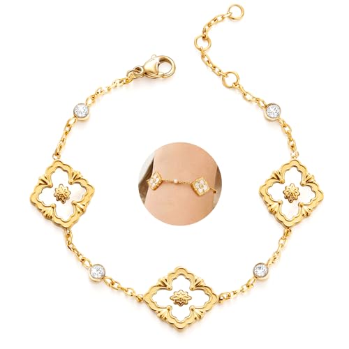 Chritice Armbänder Gold Kleeblatt Armband 18K Vergoldet Blumen Bracelet Women 925 Silber, Verstellbare Länge 15+2cm, Mit Zirkonia Und Weiß Kleeblatt Emaille Dekor,Geschenke für Frauen von Chritice