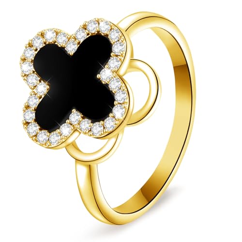 Chritice Ring Gold Damen Kleeblatt Ringe Schwarz, Verstellbar Anxiety Ring Mit Zirkonia Vierblatt Kleeblatt Schwarz Muschel,Offener Drehbarer Stress Ringe Drehbares Clover,Geschenke für Frauen von Chritice