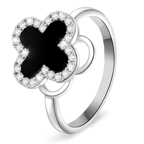 Chritice Ring Silber 925 Damen Kleeblatt Ringe Schwarz,Verstellbar Anxiety Ring Mit Zirkonia Vierblatt Kleeblatt Schwarz Muschel,Offener Drehbarer Stress Ringe Drehbares Clover,Geschenke für Frauen von Chritice
