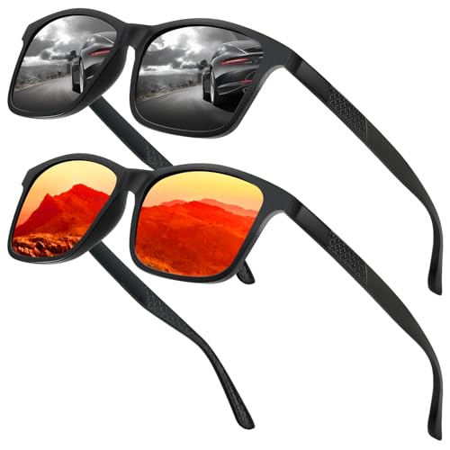 Chritice Sonnenbrille Herren Polarisiert 2 Stück, Sonnenbrille Damen Polarisiert,Polarisierte Sonnenbrillen Herren Groß UV 400 Schutz, Fahren Reisen Outdoor Sunglasses Men, Schwarz und Rote Gläser von Chritice