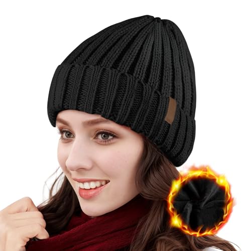 Mütze Damen Winter Beanie Damen Mit Weich Fleece Gefütterte Mütze ,Beanie Mütze Damen Strickmütze Damen Mütze Winter,Wintermütze Damen Warm,Mütze Schwarz Damen Winter Outdoor Warme Mützen,55-60cm von Chritice