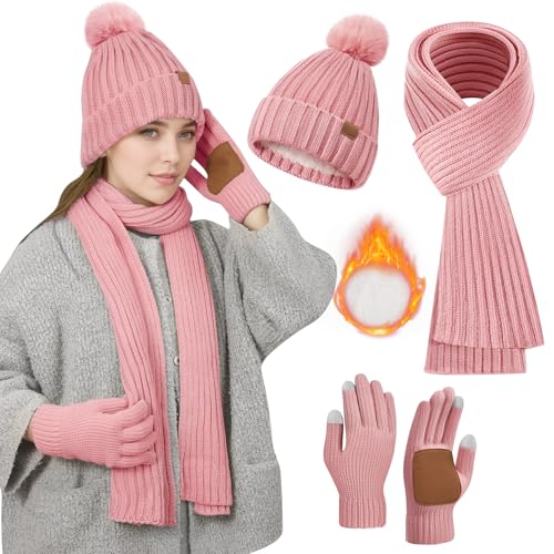 Rosa Mütze,Schal & Handschuh-Sets für Damen,Schal und Mütze Damen Set Winter Mütze Schal Handschuhe Set Damen Mütze mit Schal Damen, Bommel Mütze Schal Touchscreen Handschuhe Winterset Damen Geschenke von Chritice