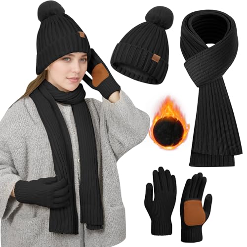 Schwarz Mütze, Schal & Handschuh-Sets für Damen, Schal und Mütze Damen Set Winter Mütze Schal Handschuhe Set Damen Mütze mit Schal Damen, Bommel Mütze Schal Touchscreen Handschuhe Winterset Damen von Chritice
