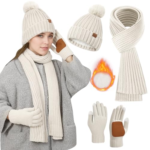Weiß Mütze,Schal & Handschuh-Sets für Damen,Schal und Mütze Damen Set Winter Mütze Schal Handschuhe Set Damen Mütze mit Schal Damen, Bommel Mütze Schal Touchscreen Handschuhe Winterset Damen Geschenke von Chritice
