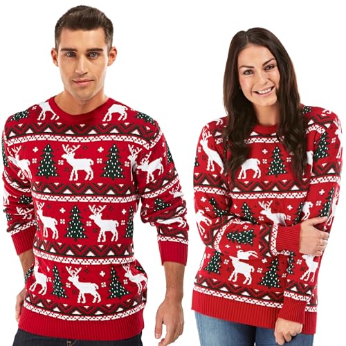 Chritsmas Clothing Weihnachtspullover Rot Unisex Damen Herren Rundhals - lustiger ausgefallener hochwertiger Weihnachtspulli - Weihnachtsbaum & Rentier-Motiv (XS) von Chritsmas Clothing